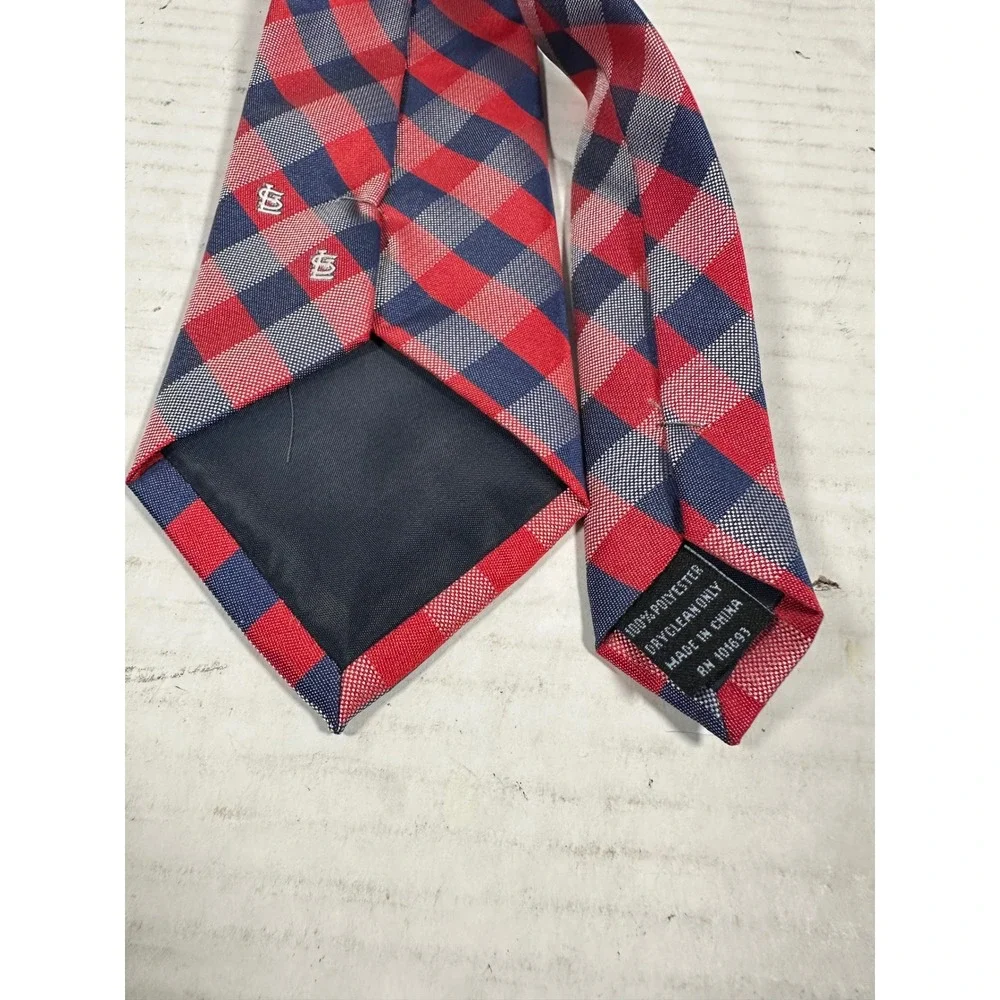 MLB St Louis Cardinals Mens Necktie Red Navy‎ Blue Gingham Check Logo Silk-Look